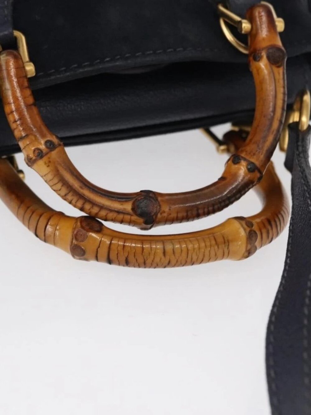 GUCCI Bamboo Hand Bag Suede 2way Navy Gold - Picture 10 of 15